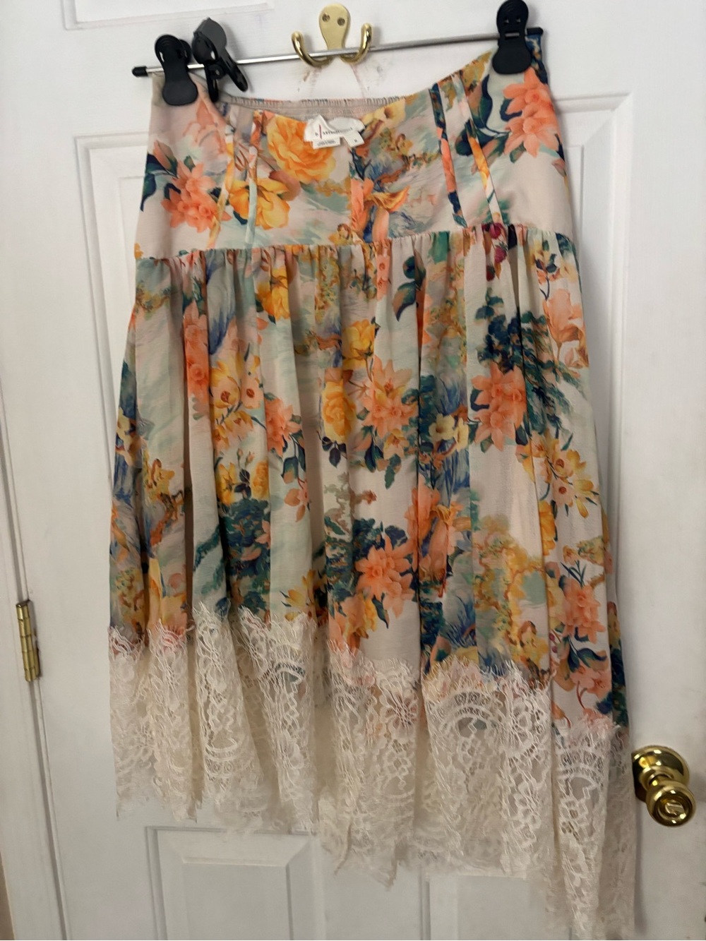 Anthropologie Cream Midi Skirt with Peach & Teal Floral Print